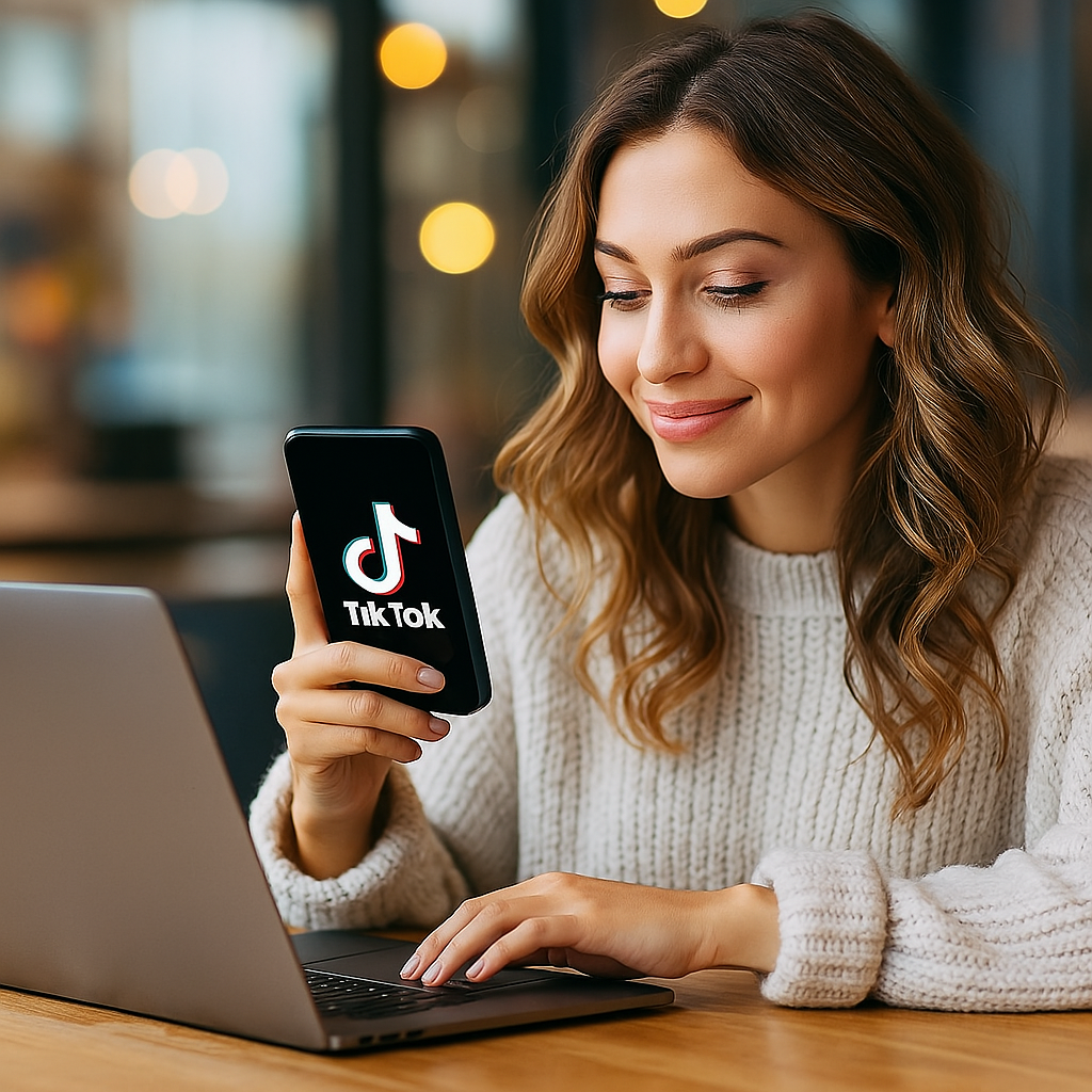 Young female blogger using her phone and laptop in a cozy setting, symbolizing using TikTok and digital tools to promote blog content without needing to be on camera.