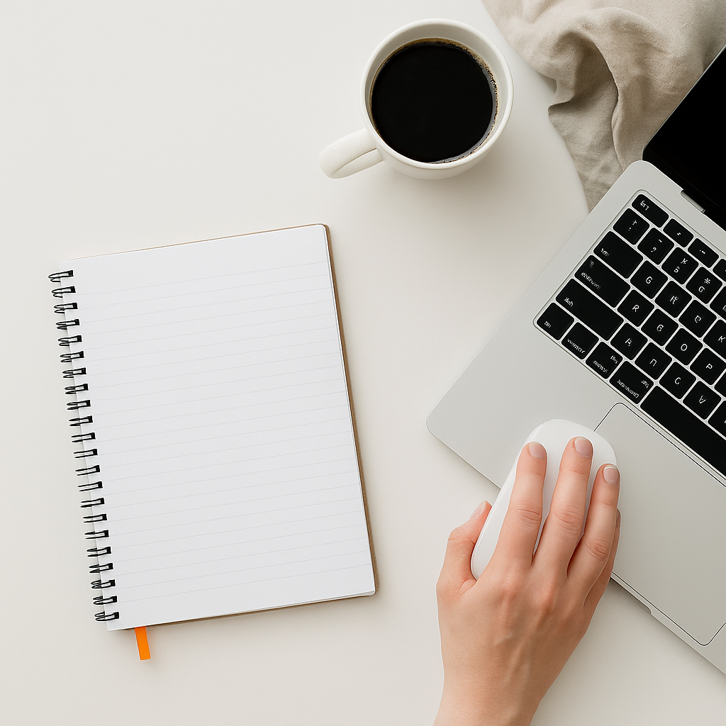 A blogger’s minimalist workspace with a blank notebook, cup of coffee, and hand on a computer mouse beside a laptop - ready to plan or write.