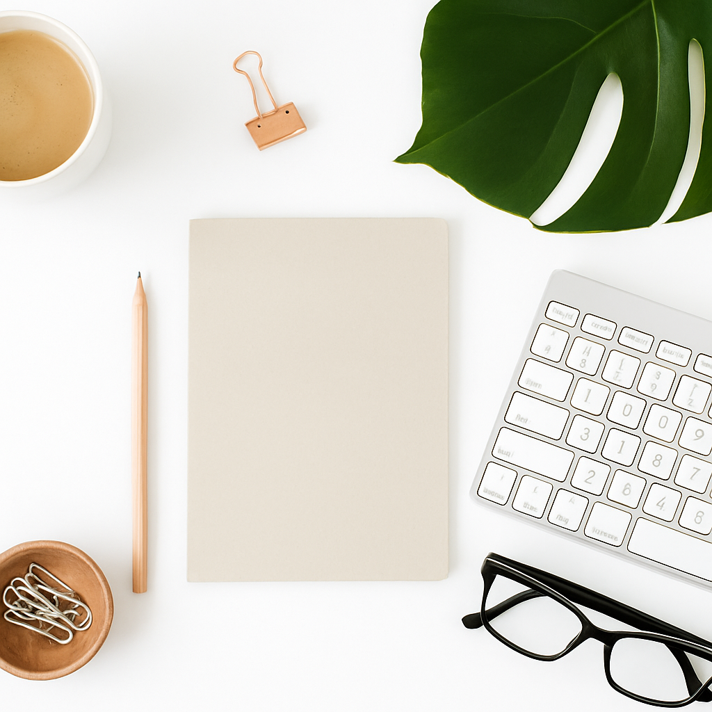 Office flat lay with notebook, pencil, coffee, monstera leaves, paper clips, and wireless keyboard